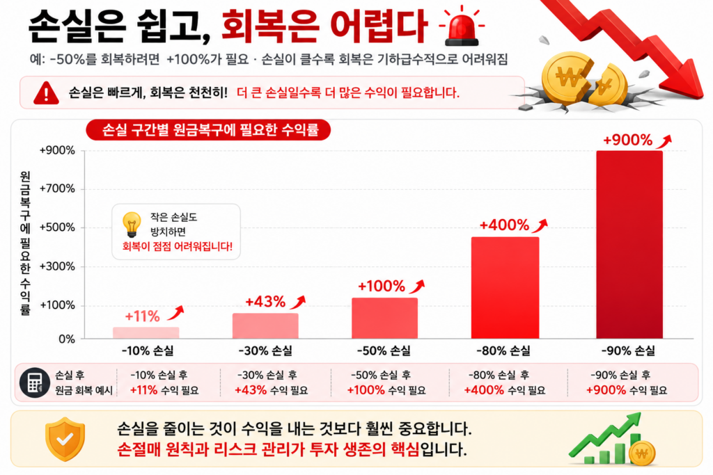 레버리지 ETF 위험과 손실 회복 비대칭 -50%는 +100% 필요 -90%는 +900% 필요