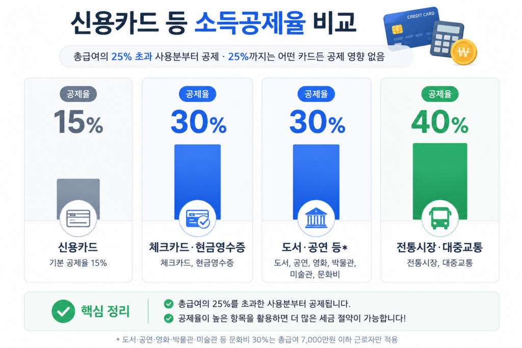 신용카드 15% 체크카드 현금영수증 30% 전통시장 대중교통 40% 공제율 비교