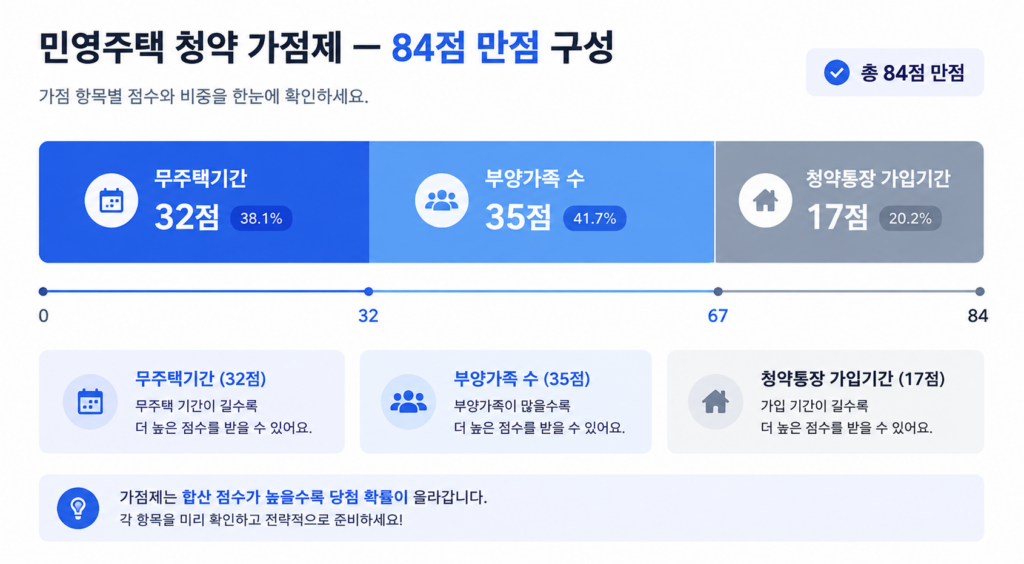 민영주택 청약 가점제 무주택기간 부양가족 가입기간 84점