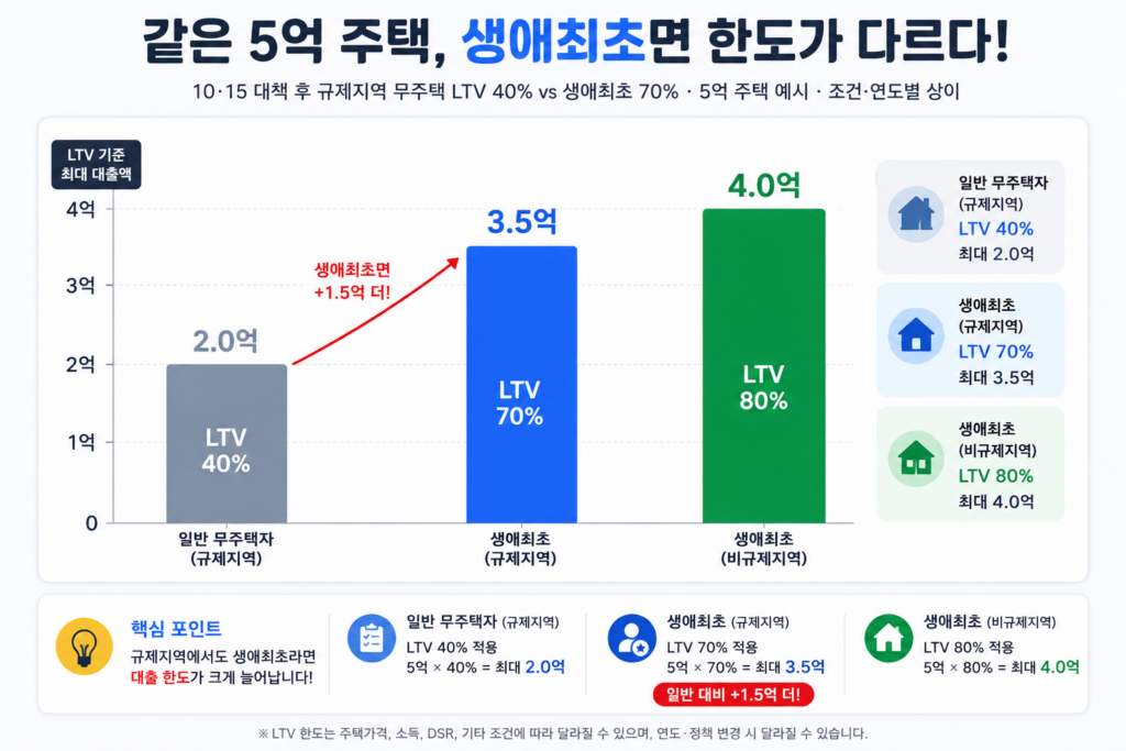 규제지역 5억 주택 생애최초 LTV 70% vs 일반 무주택 40% 대출 한도 격차