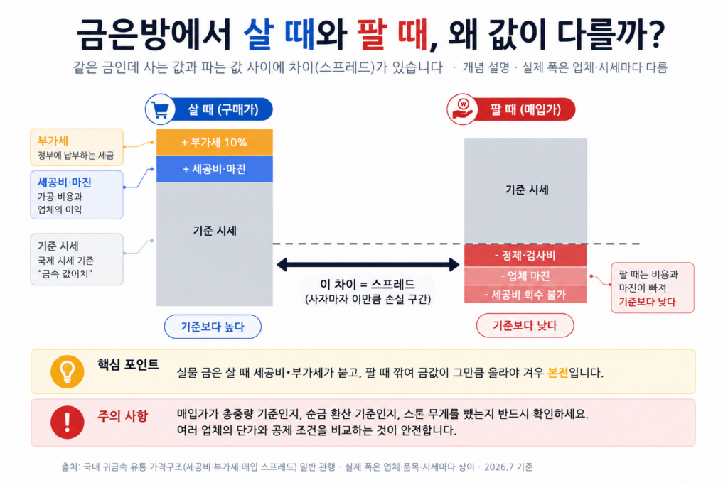 금 살 때 팔 때 가격 구조 — 살 때 세공비·부가세 추가, 팔 때 매입 스프레드 차감