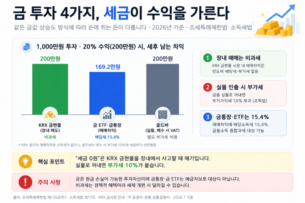 금 투자 방법 4가지 세금 비교 — KRX 금현물 비과세, 금통장·ETF 배당세 15.4%, 골드바 매수 부가세