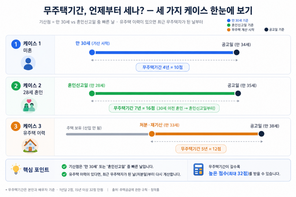 청약 무주택기간 계산 예시 — 만 30세 기산, 혼인신고일 기산, 주택 처분 후 재기산 타임라인
