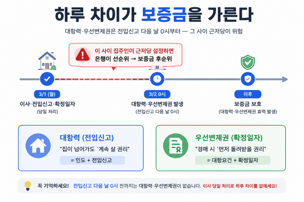전입신고 확정일자 대항력 우선변제권 효력 발생 시점 하루 차이 위험 타임라인