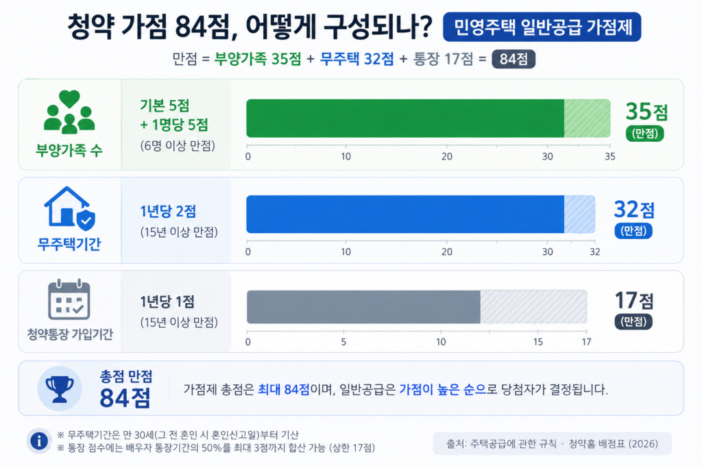청약 가점 84점 구성 — 부양가족 35점 무주택기간 32점 청약통장 가입기간 17점